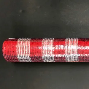 10" Red Cream Navy Check Fabric Plaid Mesh XB100910-27