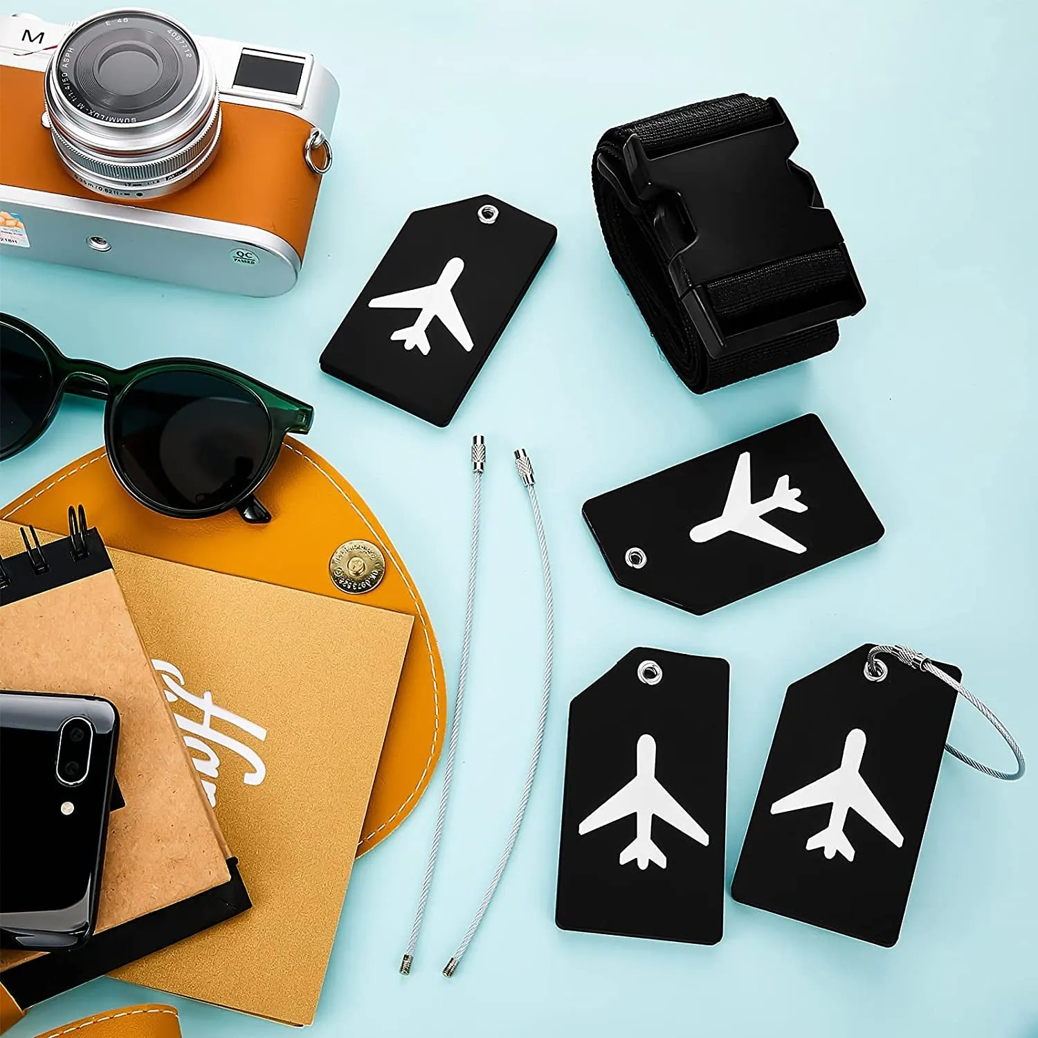 (2-piece set) Luggage tag with address label   luggage strap - black