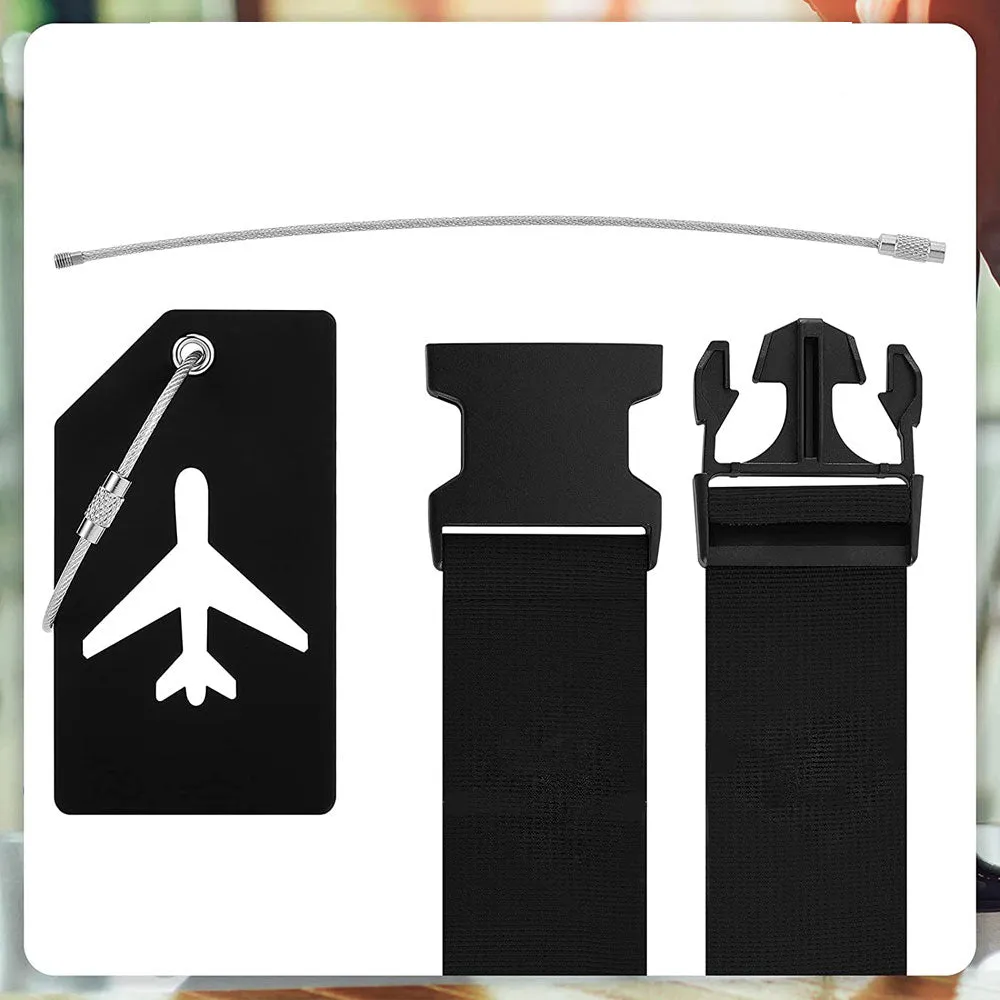 (2-piece set) Luggage tag with address label   luggage strap - black