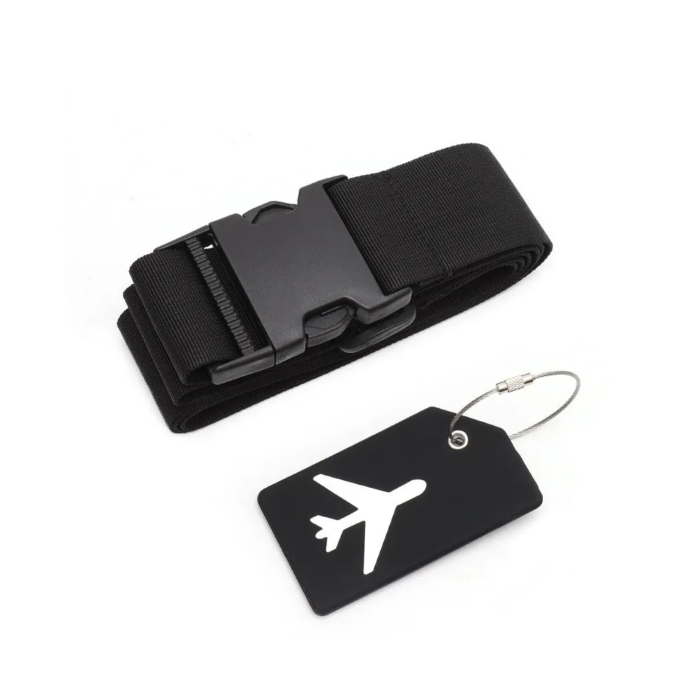 (2-piece set) Luggage tag with address label   luggage strap - black