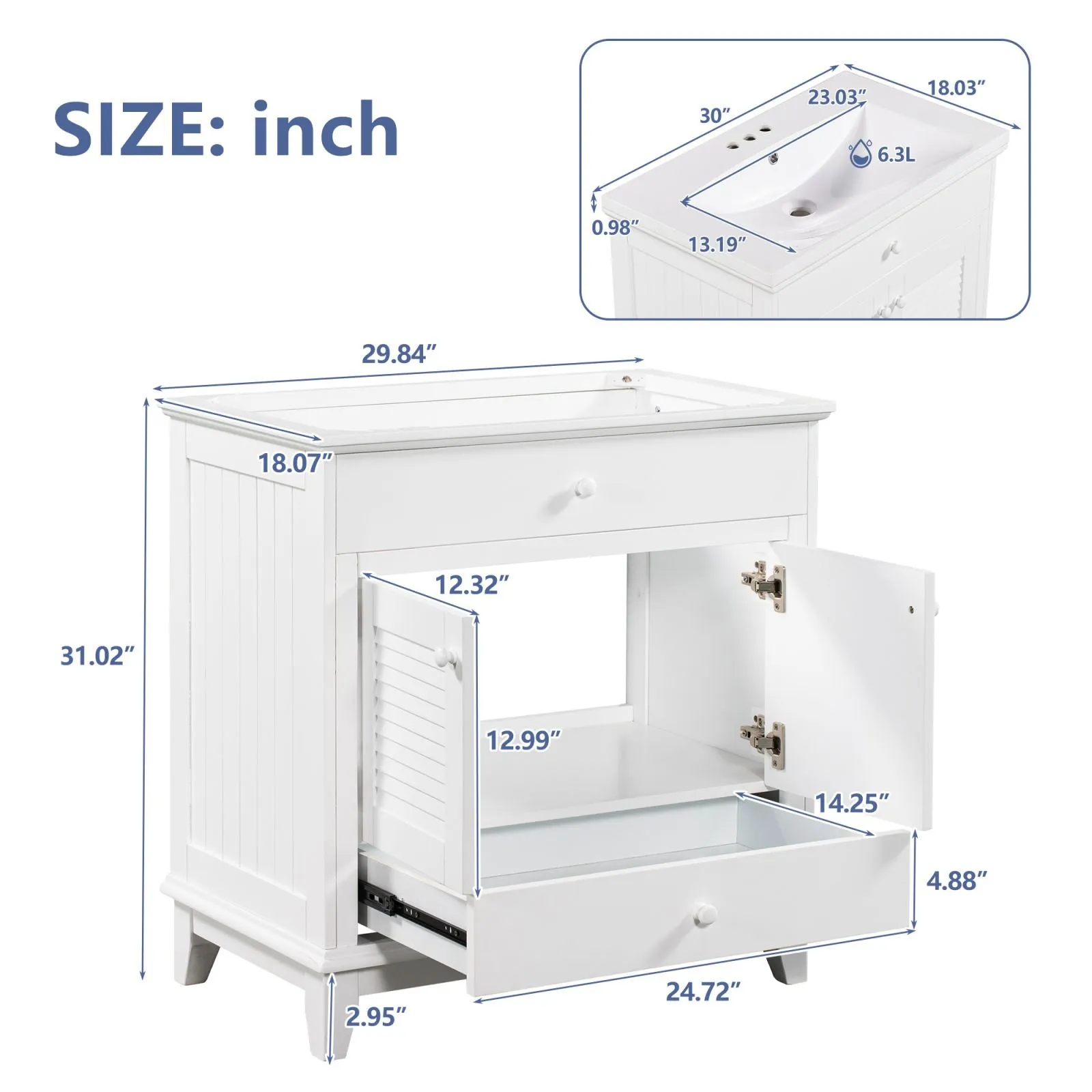 30" Wood Double Doors Bathroom Vanity,  White Spacious Drawer Standalone Cabinet