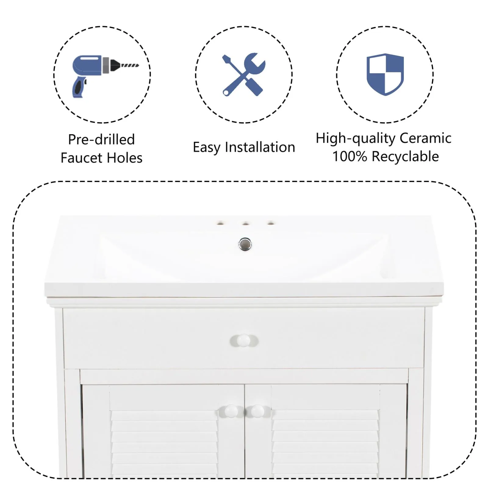 30" Wood Double Doors Bathroom Vanity,  White Spacious Drawer Standalone Cabinet
