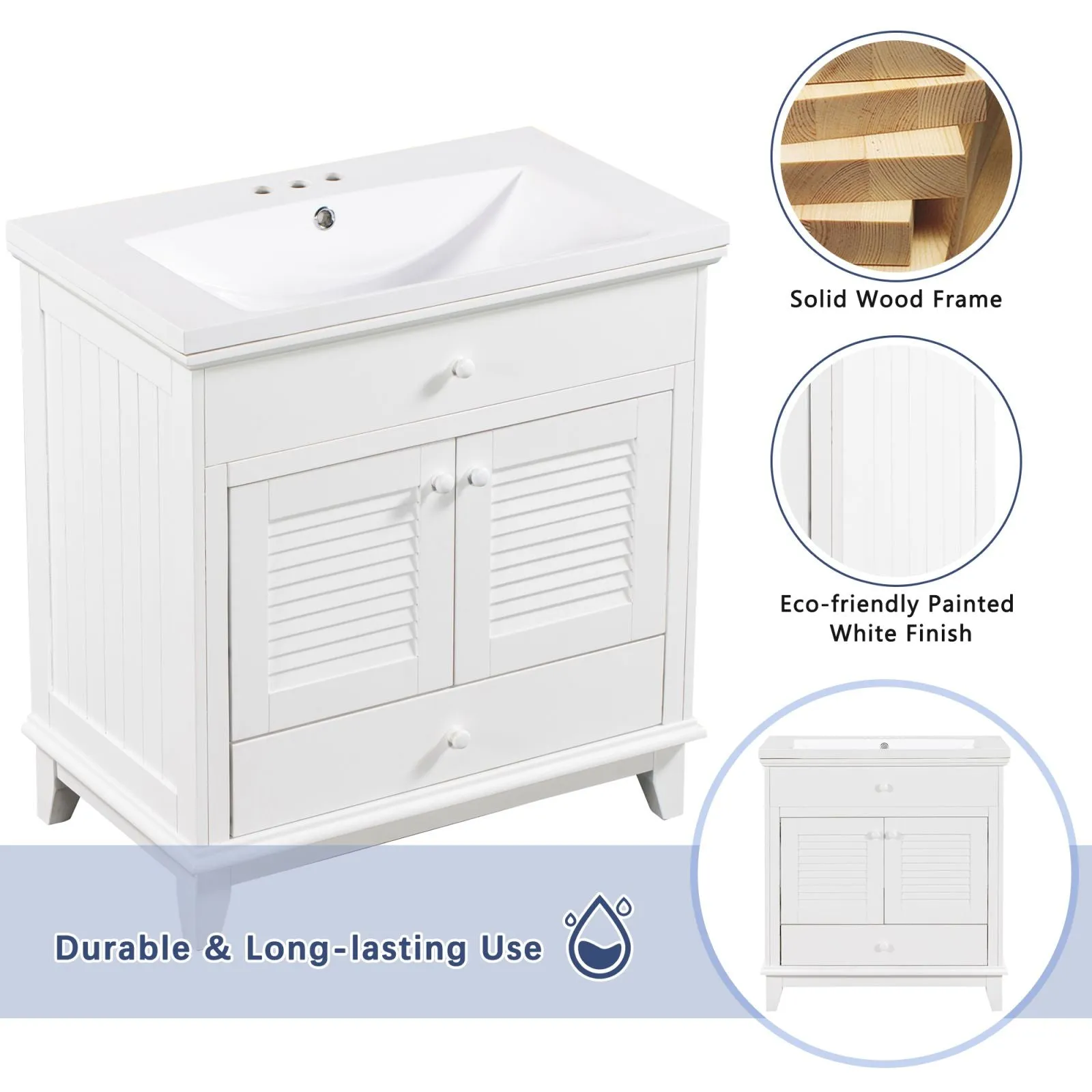 30" Wood Double Doors Bathroom Vanity,  White Spacious Drawer Standalone Cabinet