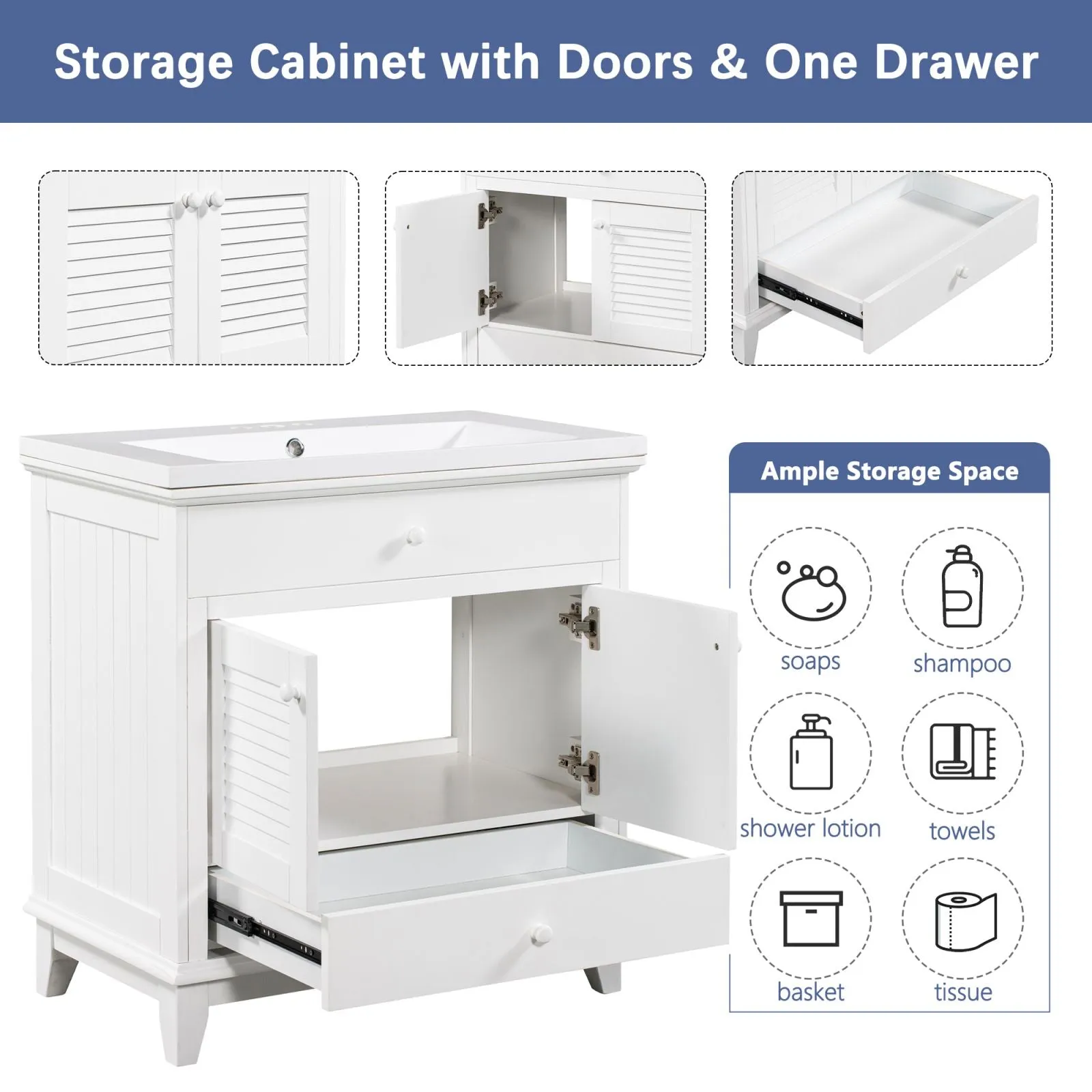 30" Wood Double Doors Bathroom Vanity,  White Spacious Drawer Standalone Cabinet