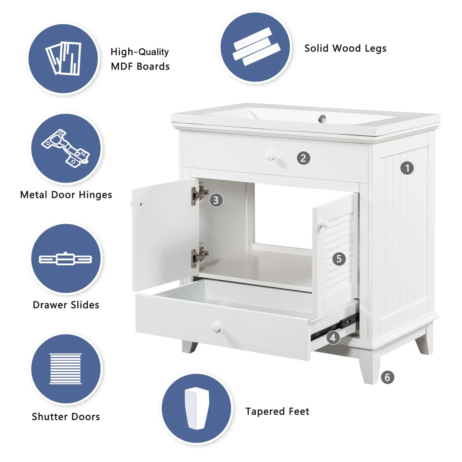 30" Wood Double Doors Bathroom Vanity,  White Spacious Drawer Standalone Cabinet