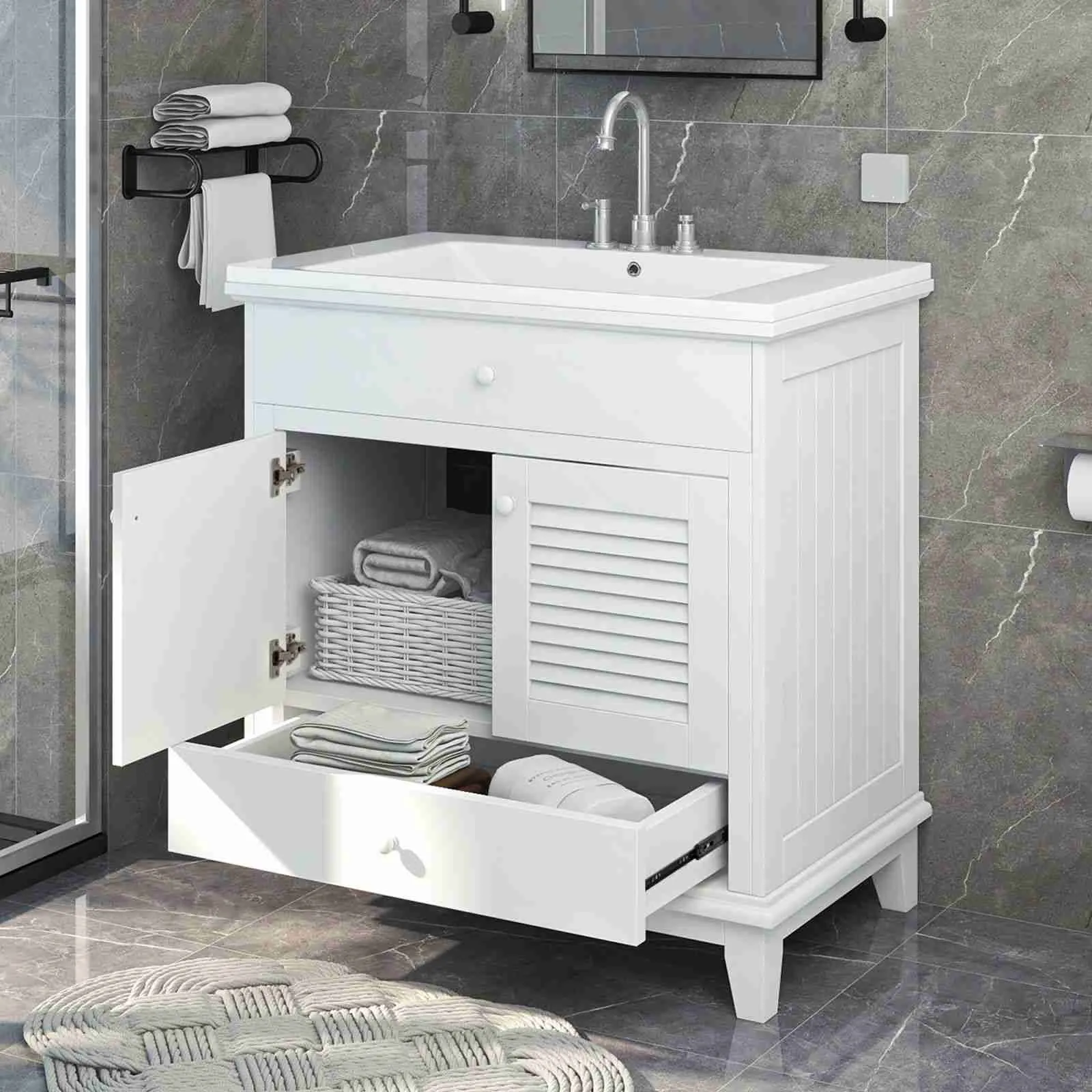 30" Wood Double Doors Bathroom Vanity,  White Spacious Drawer Standalone Cabinet