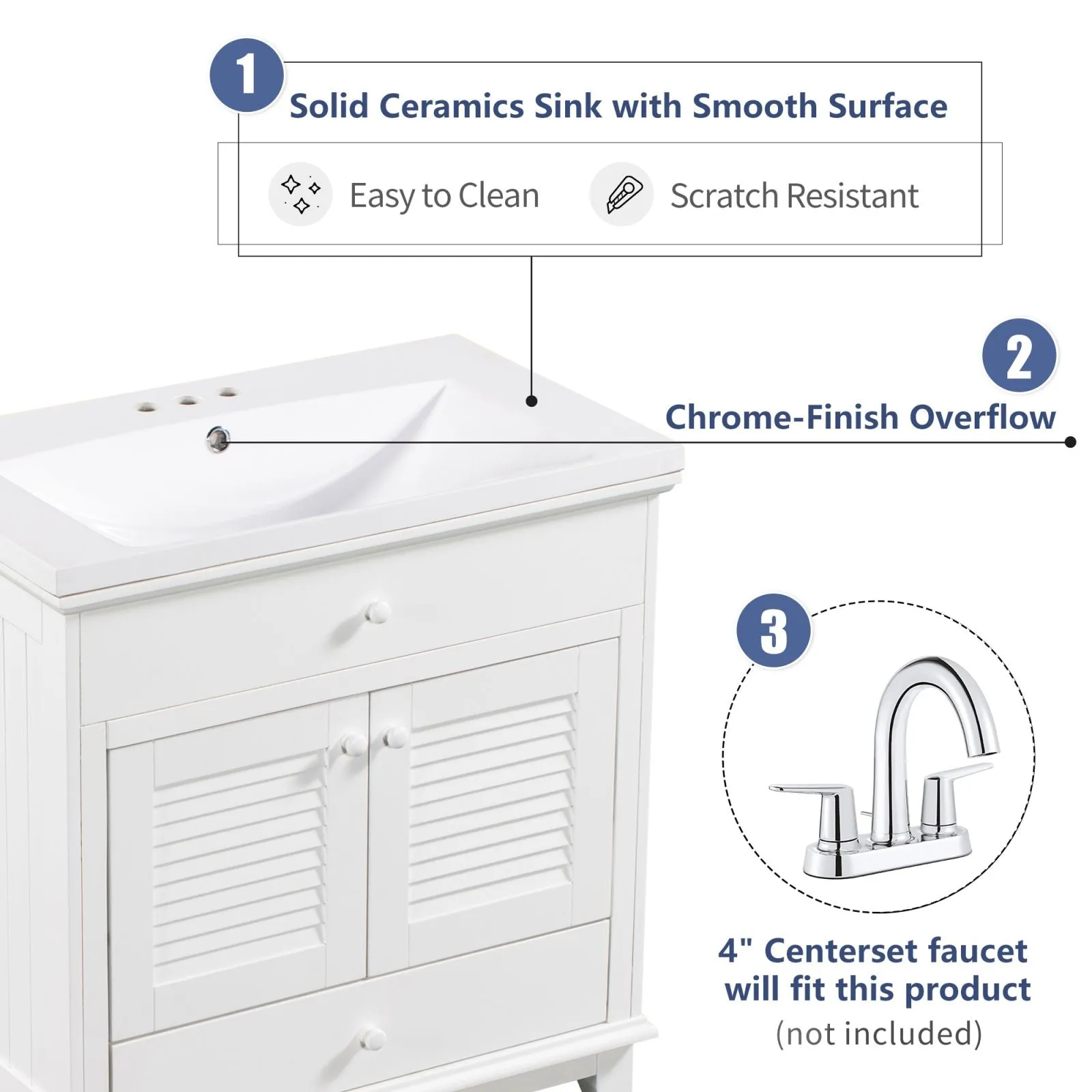 30" Wood Double Doors Bathroom Vanity,  White Spacious Drawer Standalone Cabinet