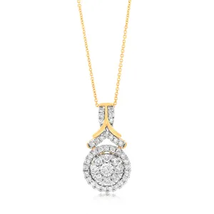 9ct Yellow Gold 1 Carat Diamond Pendant with 43 Diamonds On 45cm Chain