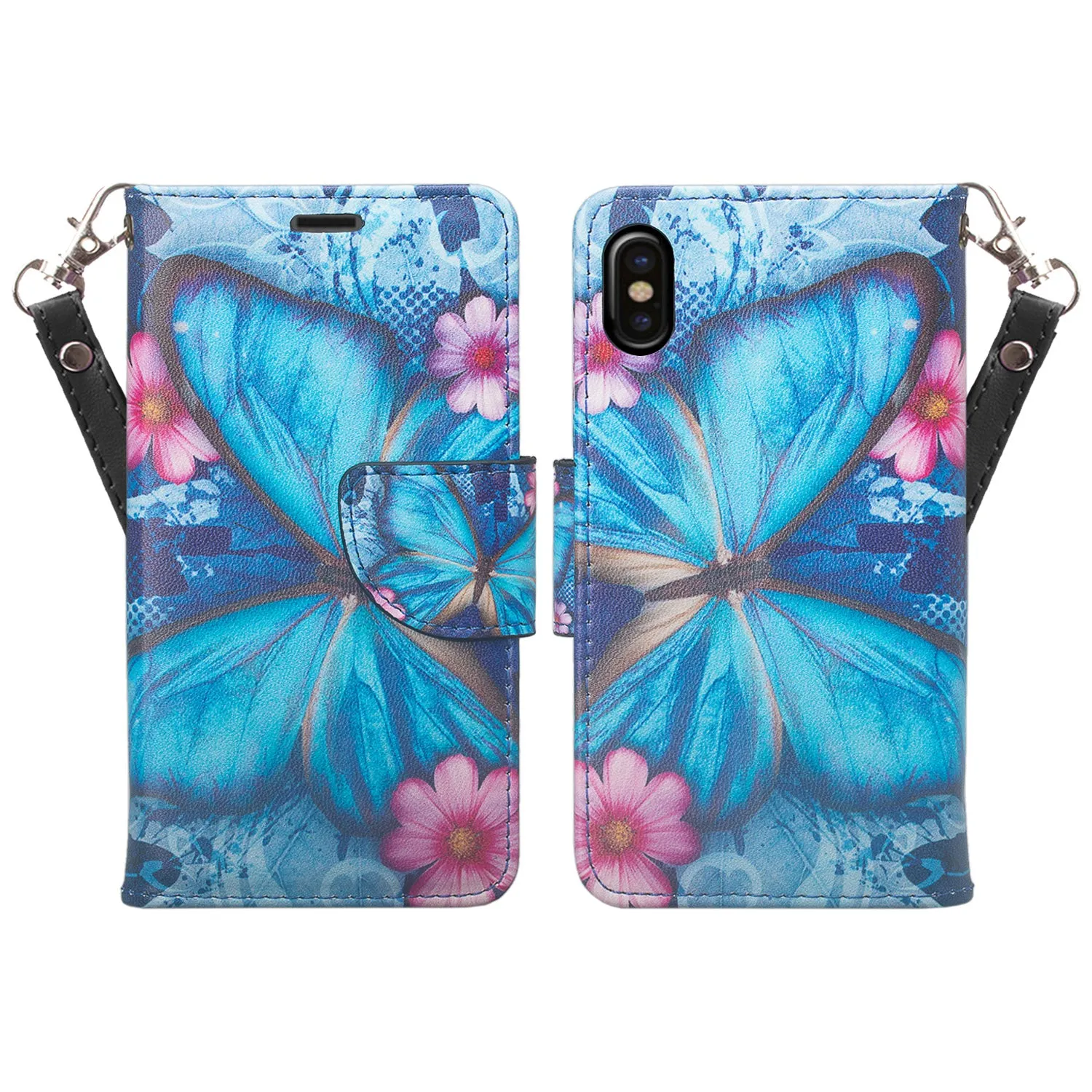 Apple iPhone X, Iphone 10 Case, Wrist Strap Faux Leather Flip [Kickstand] Protective Wallet Case Cover - Blue Butterfly