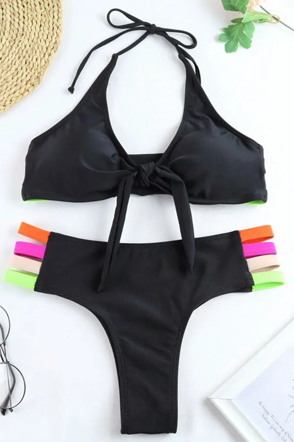 Black & Rainbow Halter Collar Striking Bikini