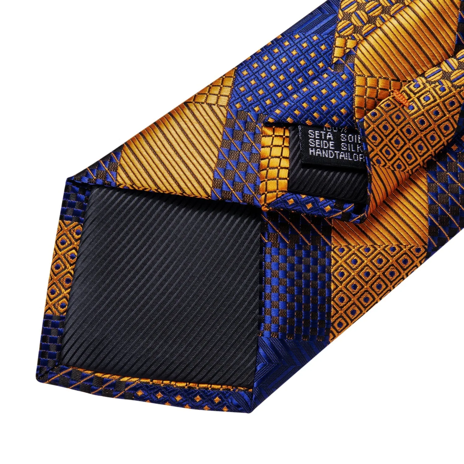 Blue Golden Striped Tie Pocket Square Cufflinks Set with Spacious Ring