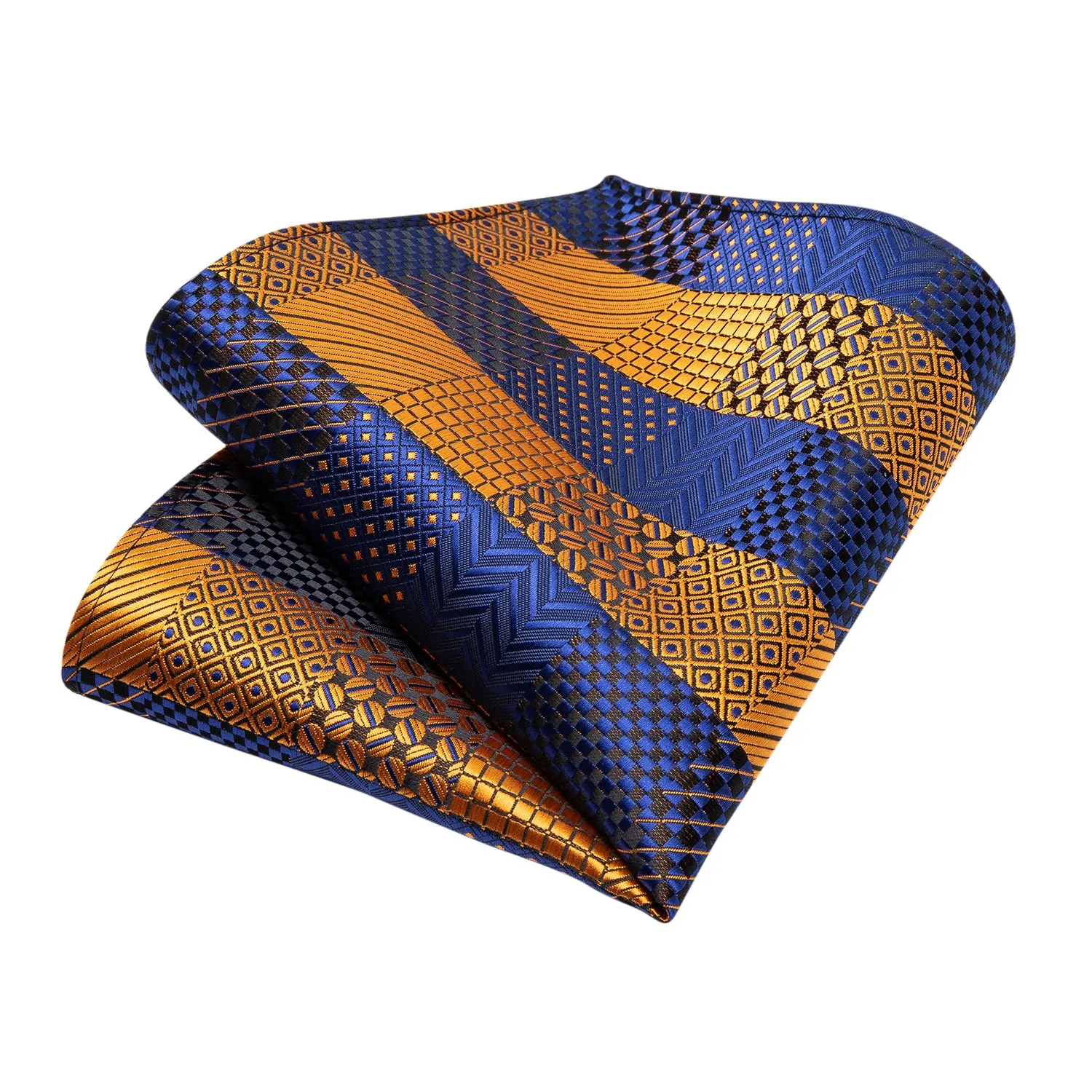 Blue Golden Striped Tie Pocket Square Cufflinks Set with Spacious Ring