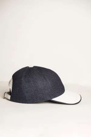 Blue Textile & White Crocodile Leather Cap