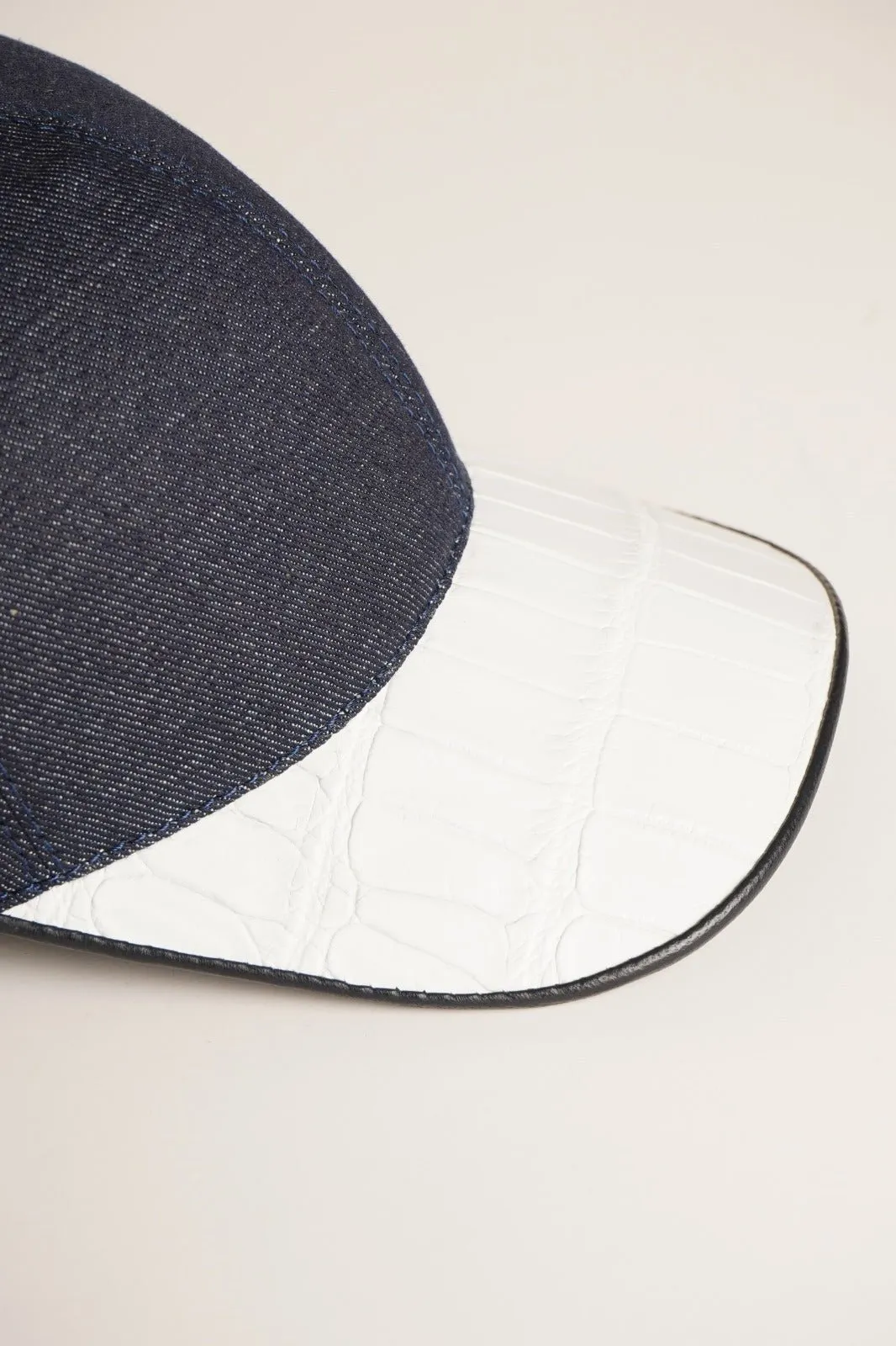 Blue Textile & White Crocodile Leather Cap