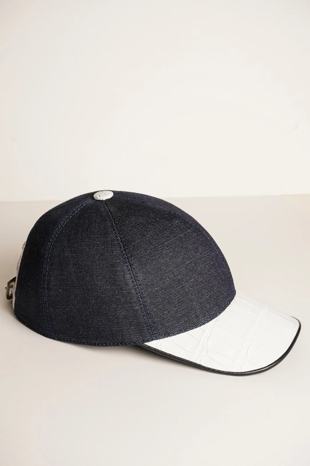 Blue Textile & White Crocodile Leather Cap