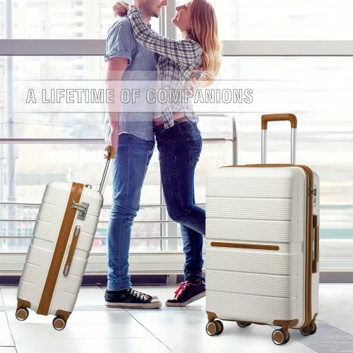 British Traveller 28 Inch Multi-Texture Polypropylene Hard Shell Suitcase with TSA Lock in Cream