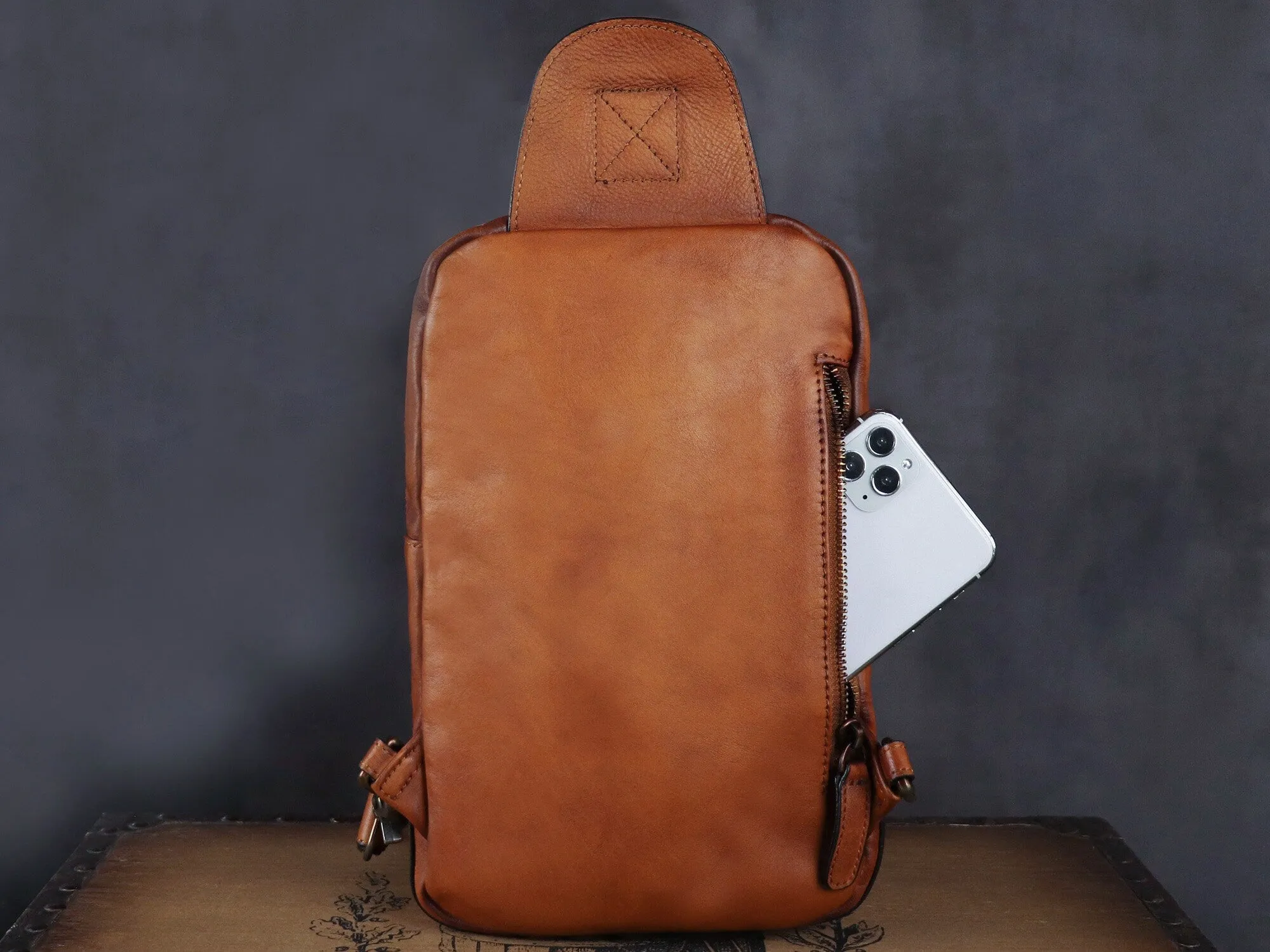 Brown Large Leather Sling Bag Casual Shoulder Backapck