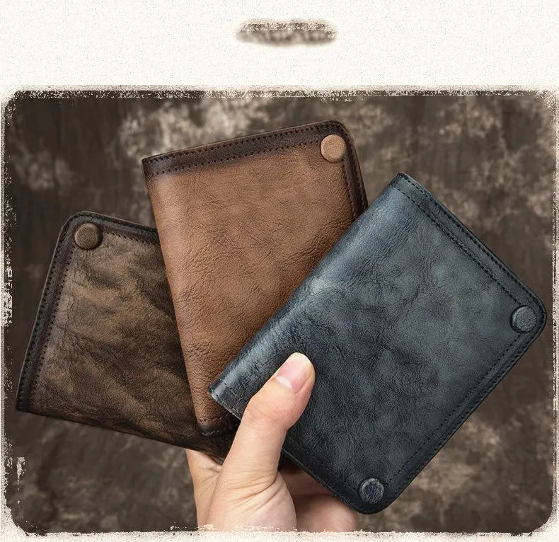 Brown Vintage Bifold Wallet Leather Mens Blue billfold Small Wallet Zipper Small Wallet For Men