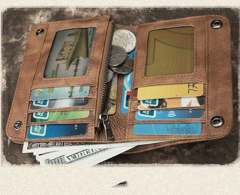 Brown Vintage Bifold Wallet Leather Mens Blue billfold Small Wallet Zipper Small Wallet For Men