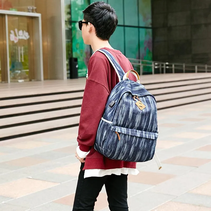 Canvas Women Mens 14" Navy Blue Travel Backpack Brown Computer Bag College Backpack for Men