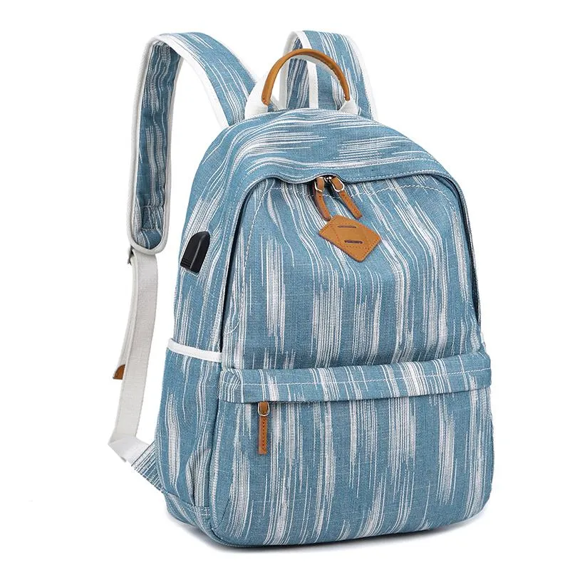 Canvas Women Mens 14" Navy Blue Travel Backpack Brown Computer Bag College Backpack for Men