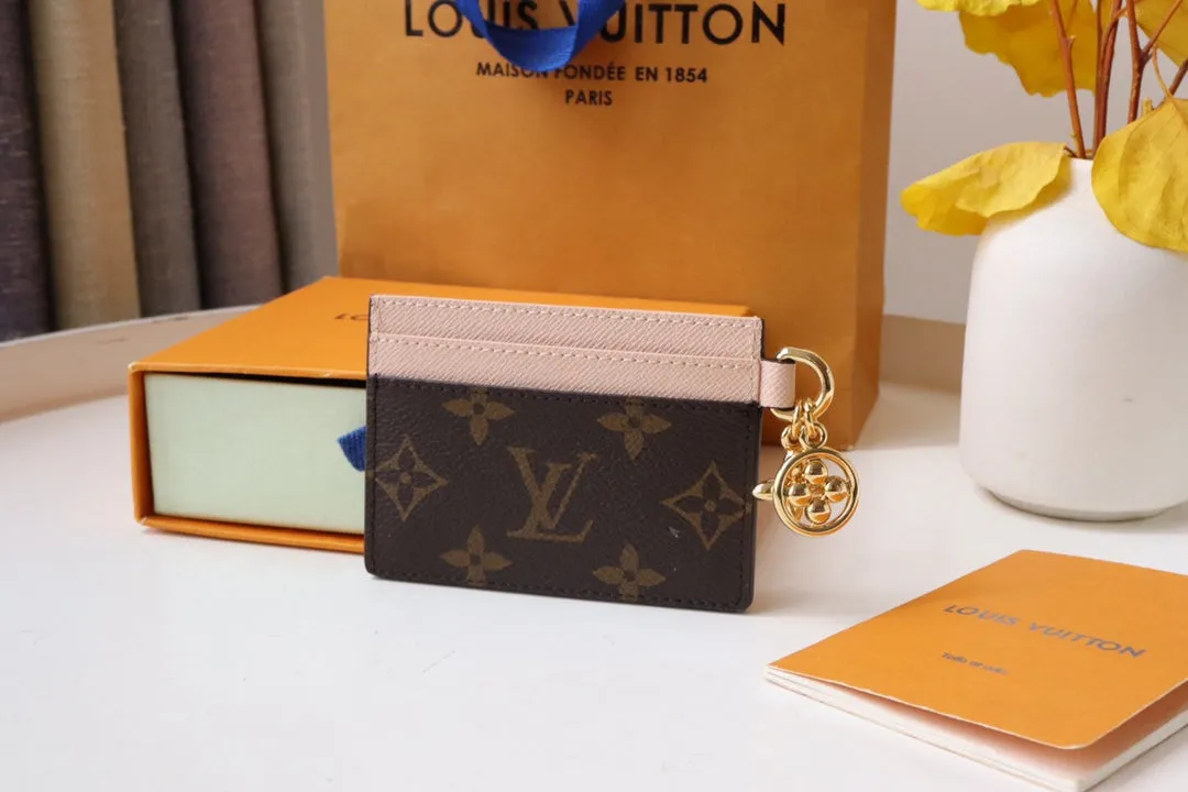 CHARM CARD HOLDER BROWN PINK MONOGRAM CANVAS