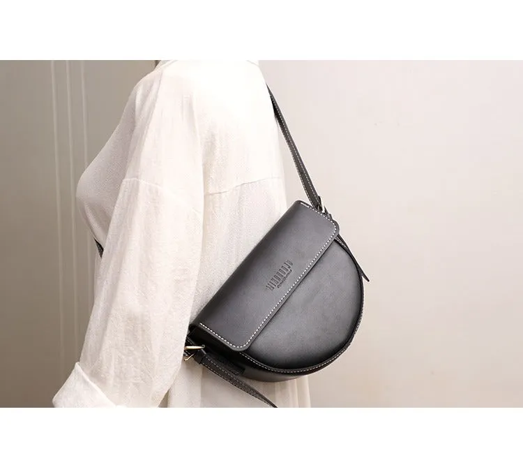 Cute Black LEATHER Saddle Bag WOMEN SHOULDER BAG Small Saddle Crossbody Purse FOR WOMEN
