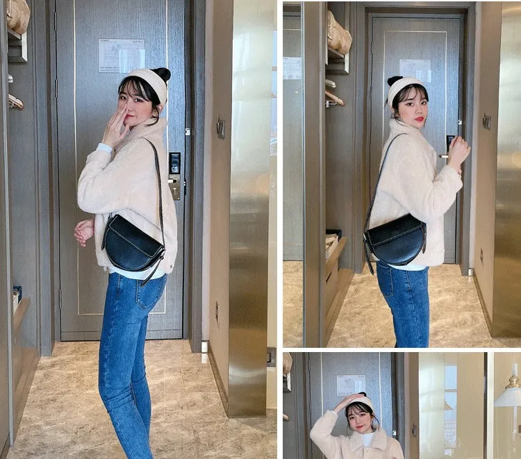Cute Black LEATHER Saddle Bag WOMEN SHOULDER BAG Small Saddle Crossbody Purse FOR WOMEN