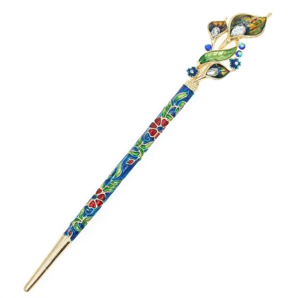 Enamel Cloisonne Calla Lily Hair Stick with Rhinestones