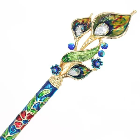 Enamel Cloisonne Calla Lily Hair Stick with Rhinestones