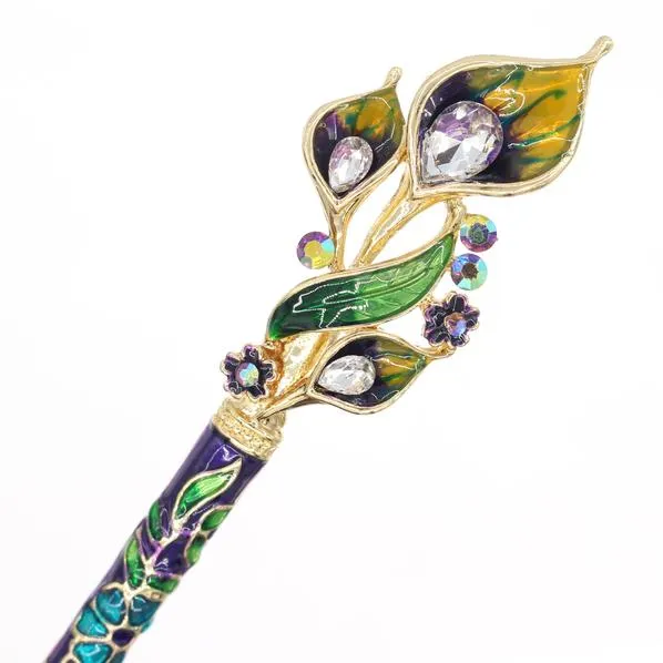 Enamel Cloisonne Calla Lily Hair Stick with Rhinestones