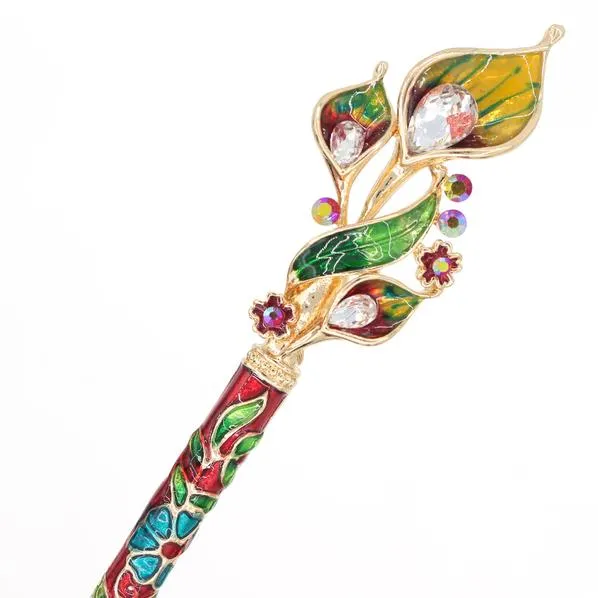 Enamel Cloisonne Calla Lily Hair Stick with Rhinestones
