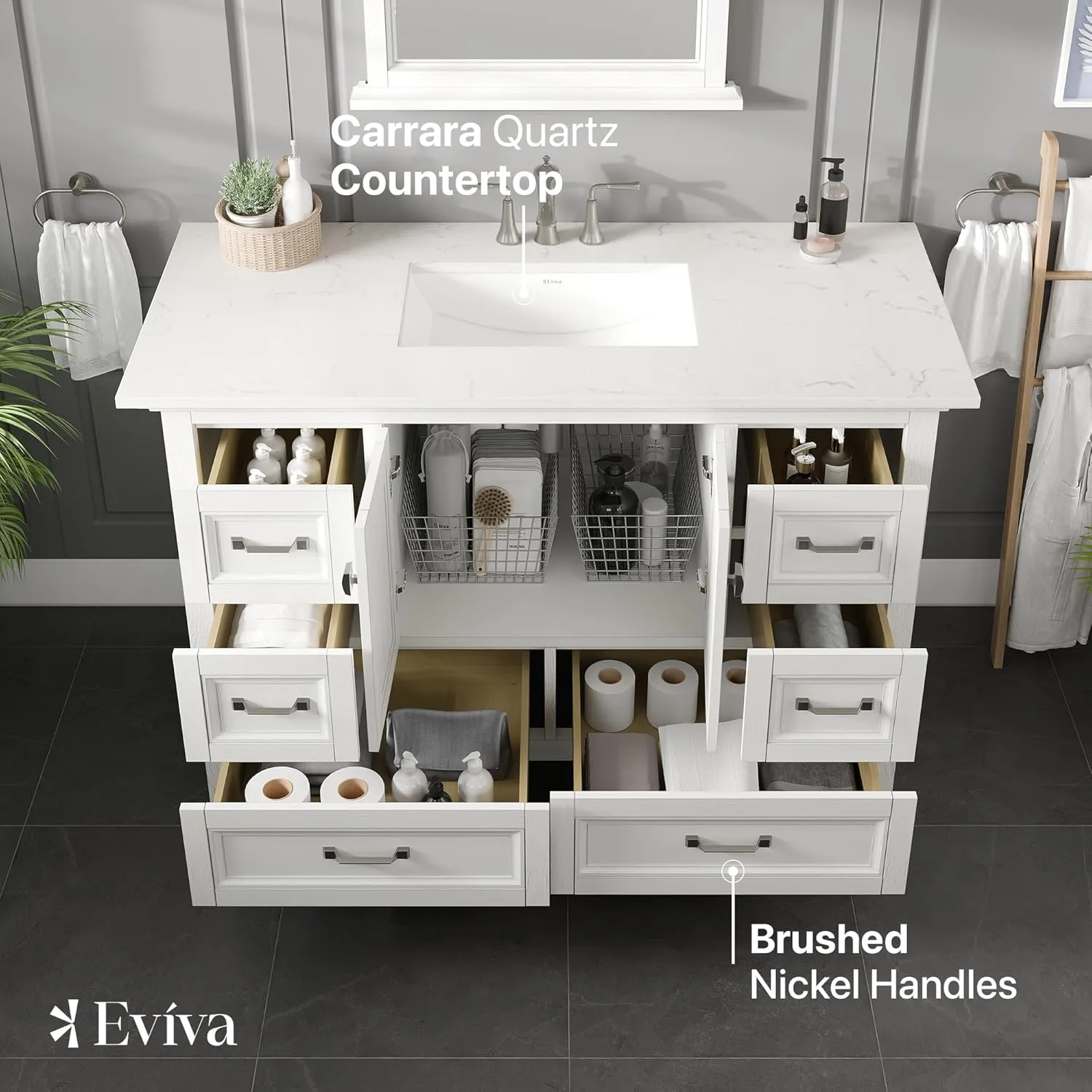 Eviva Britney 48" Bathroom Vanity Single Sink Undermount Carrara Quartz Countertop White New