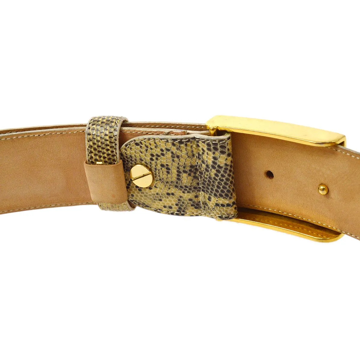 FENDI Belt Ivory Brown Gold Lizard #44 ao30064