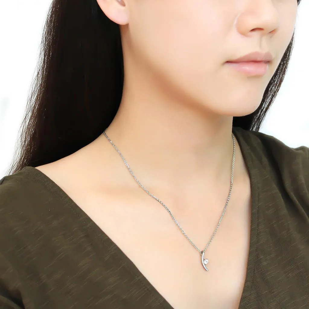 High polished (no plating) Stainless Steel Chain Pendant with AAA Grade CZ in Clear for Women Style DA092