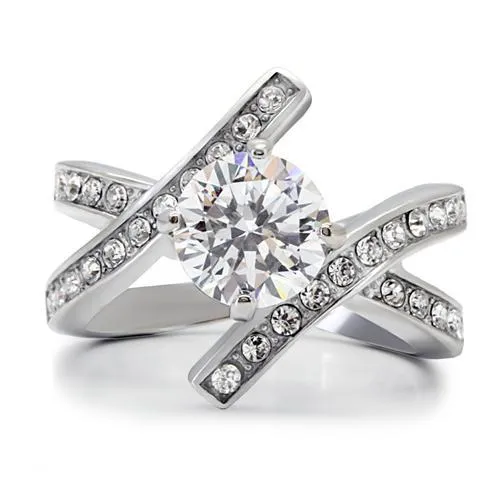 High polished (no plating) Stainless Steel Ring with AAA Grade CZ in Clear for Women Style TK169
