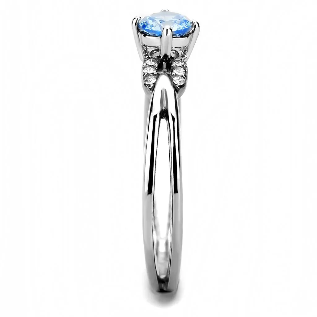 High polished (no plating) Stainless Steel Ring with AAA Grade CZ in Sea Blue for Women Style DA116