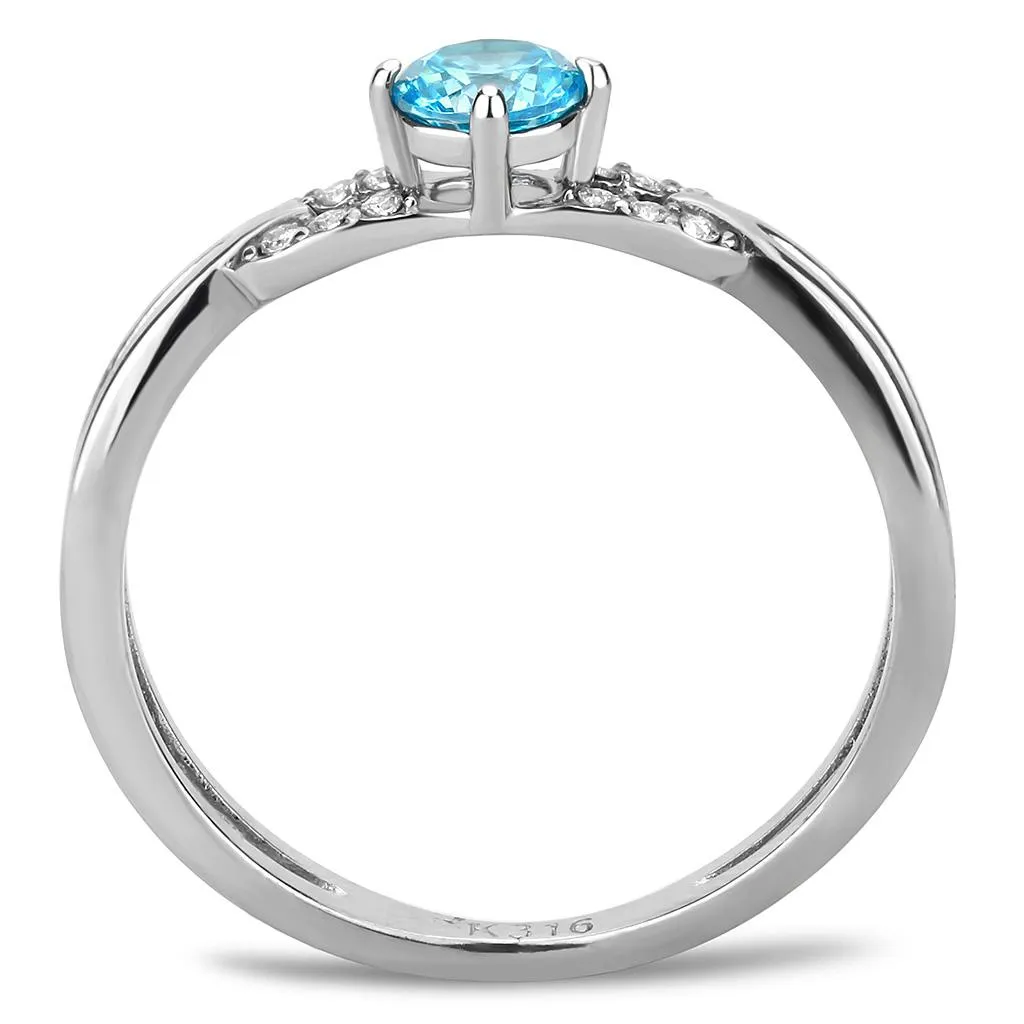 High polished (no plating) Stainless Steel Ring with AAA Grade CZ in Sea Blue for Women Style DA116
