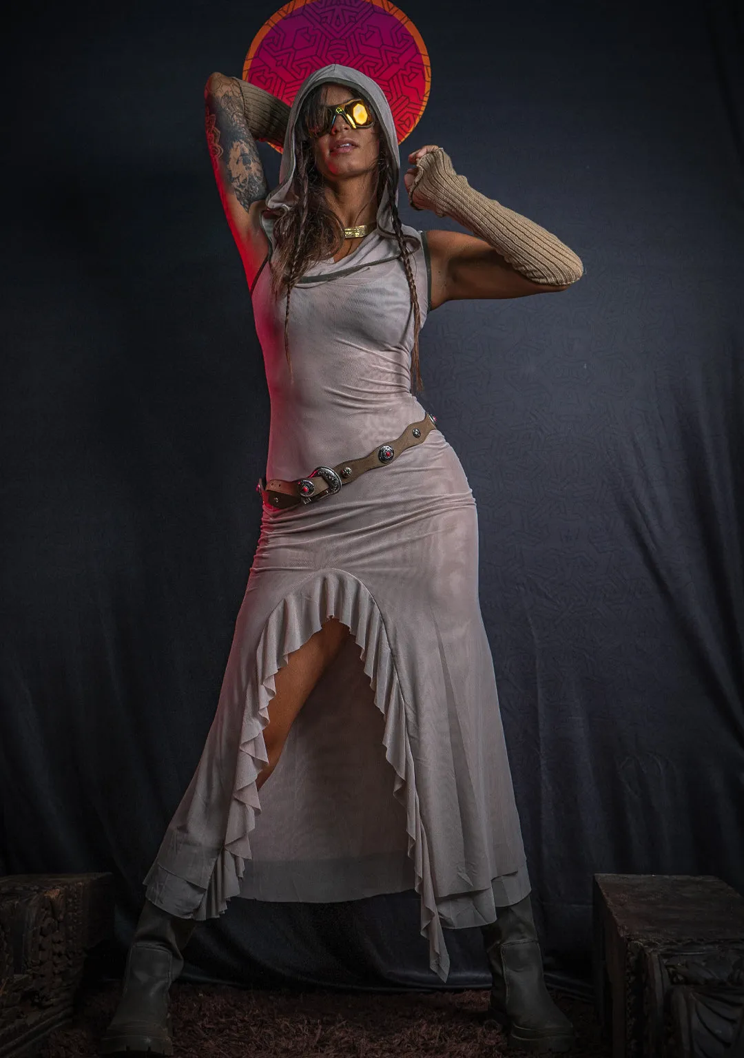 Hooded Fitted Dress / Mesh - DESERT FLOWER