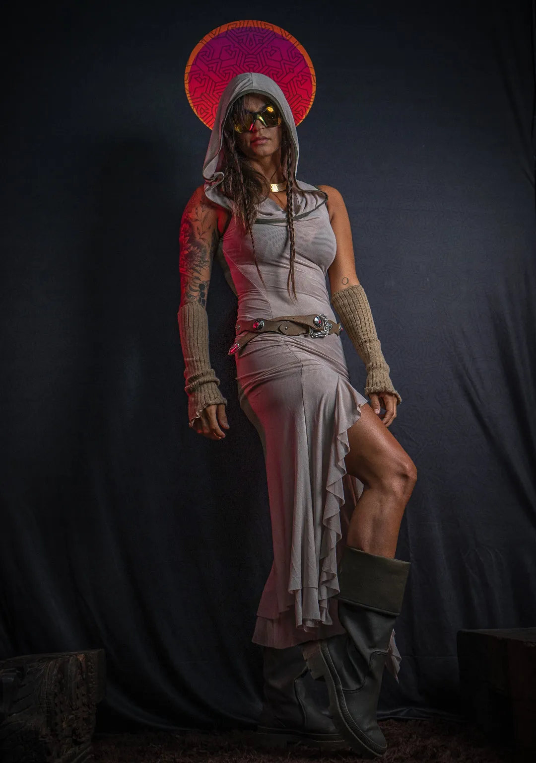 Hooded Fitted Dress / Mesh - DESERT FLOWER