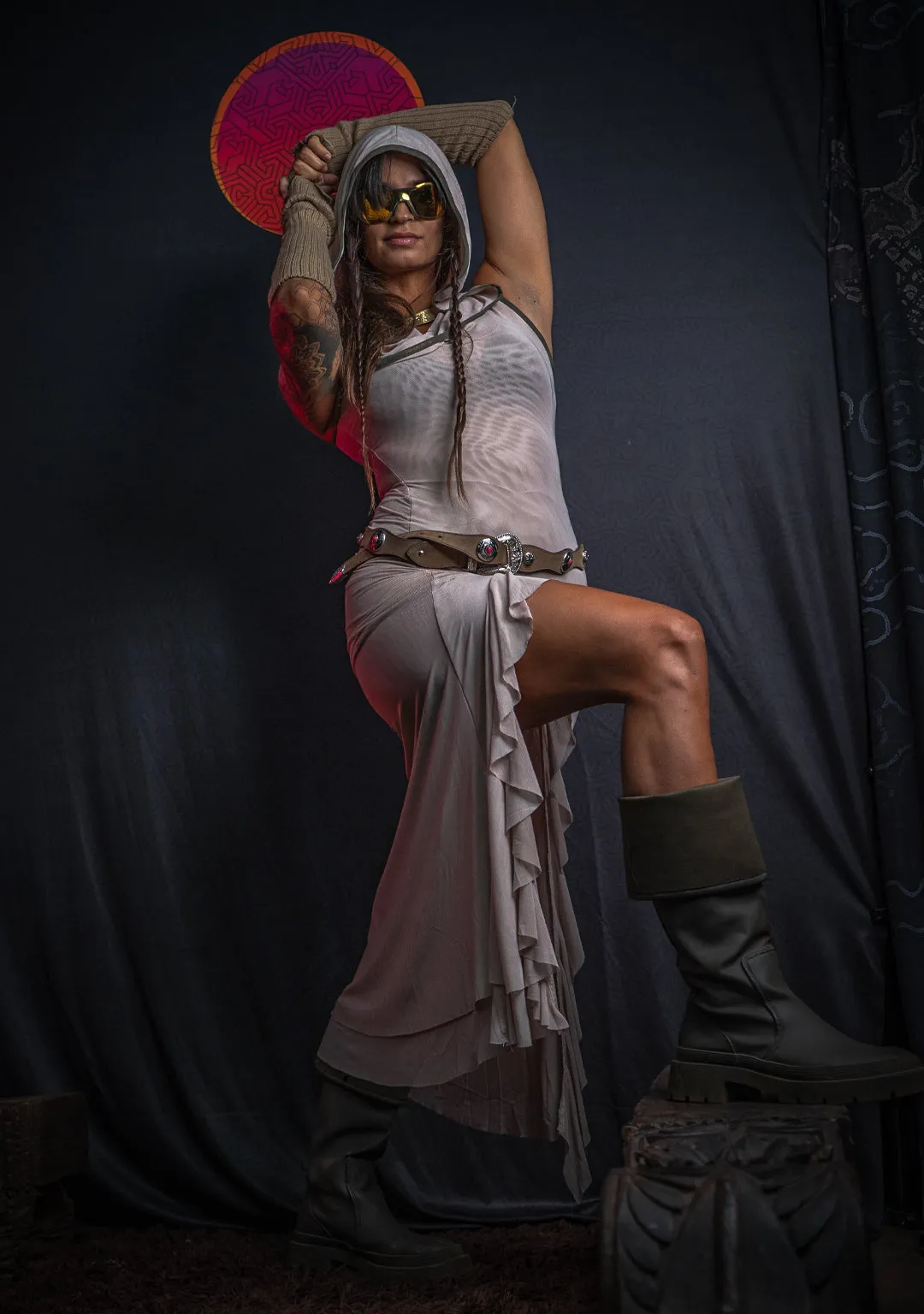 Hooded Fitted Dress / Mesh - DESERT FLOWER