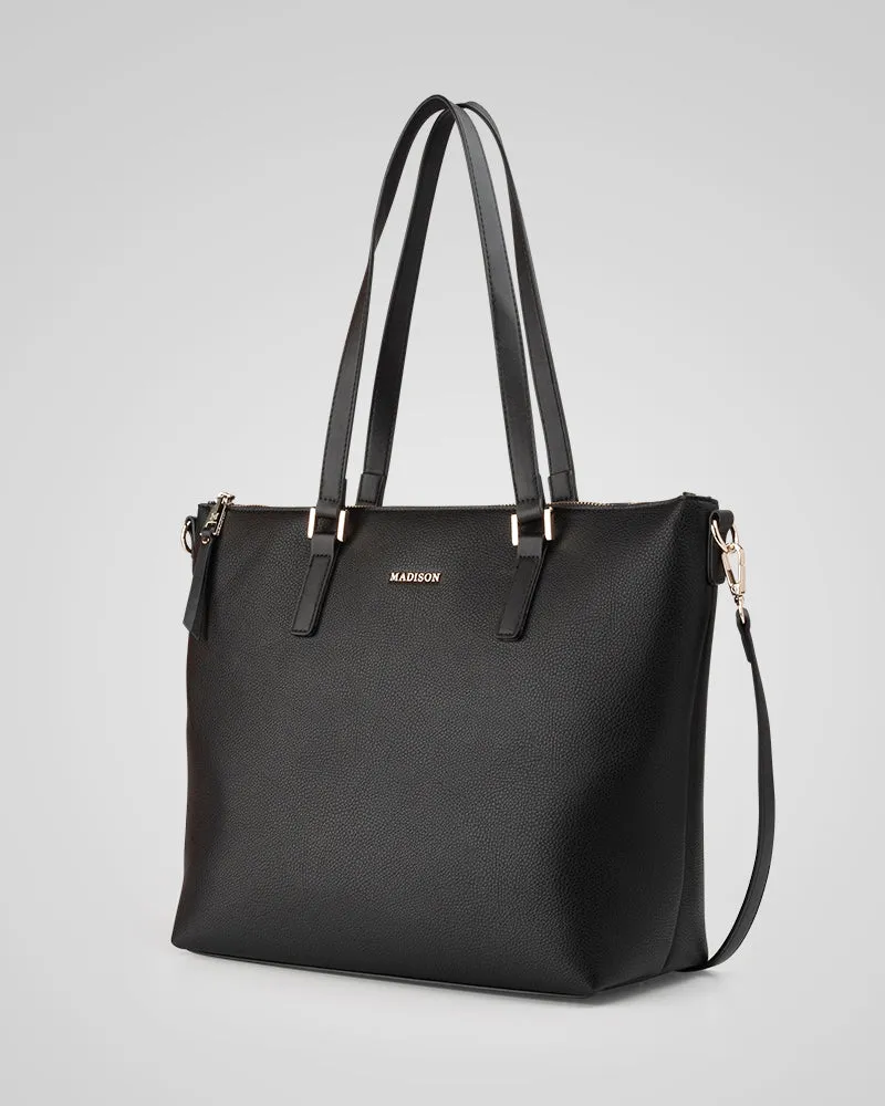Inga Large Zip Top Tote Bag with Laptop Pocket   Stripe Bag Strap