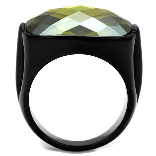 IP Black(Ion Plating) Stainless Steel Ring with AAA Grade CZ in Olivine color for Women Style TK2639