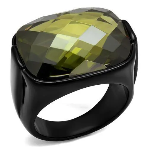 IP Black(Ion Plating) Stainless Steel Ring with AAA Grade CZ in Olivine color for Women Style TK2639