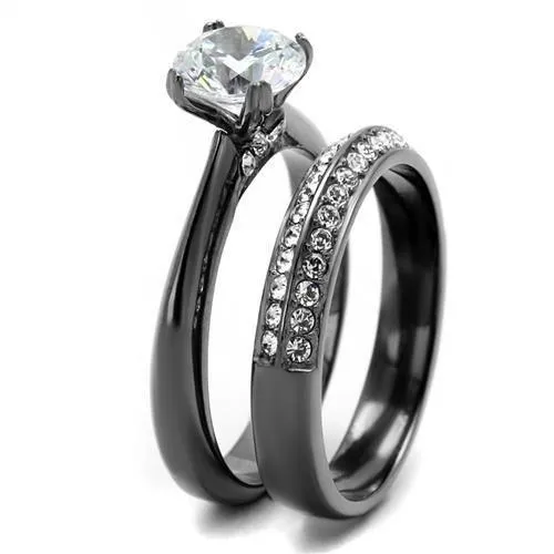 IP Light Black (IP Gun) Stainless Steel Ring with AAA Grade CZ in Clear for Women Style TK2797