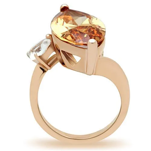 IP Rose Gold(Ion Plating) Brass Ring with AAA Grade CZ in Champagne for Women Style GL145