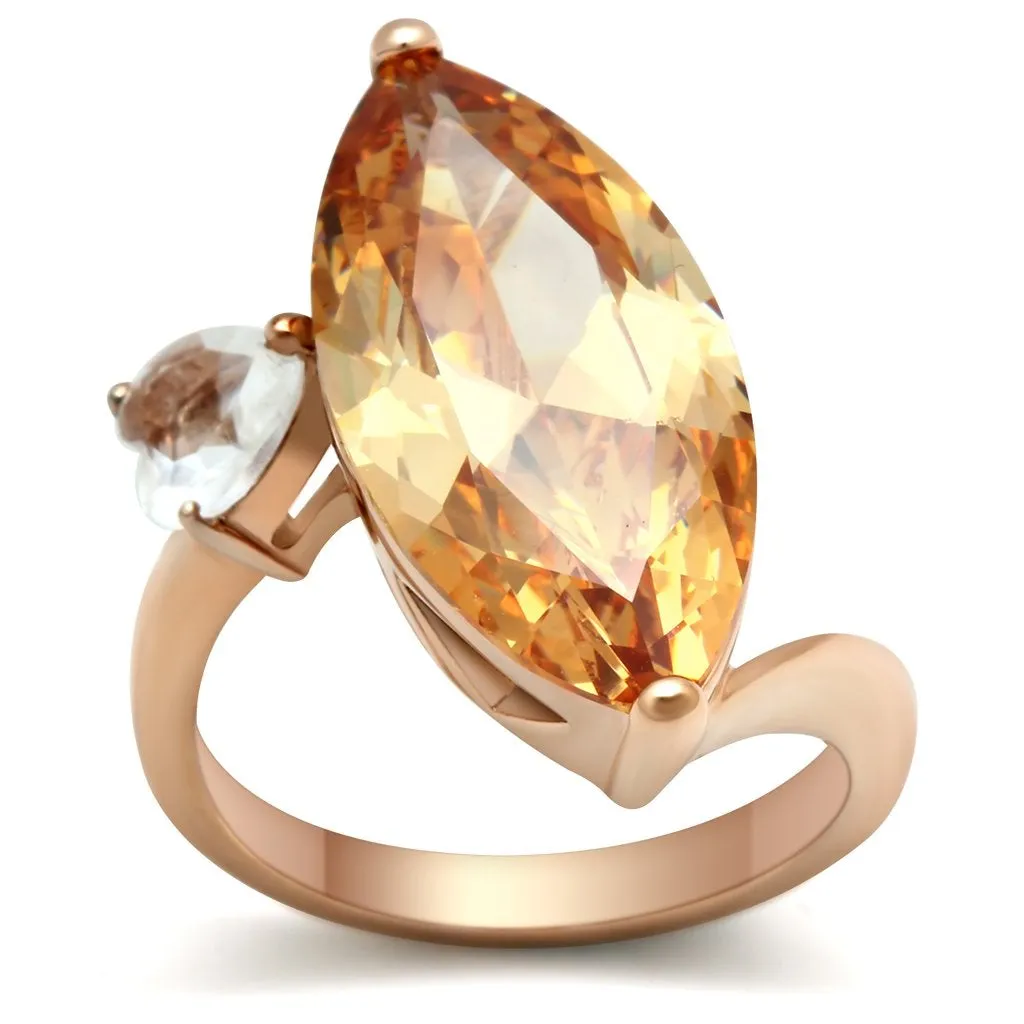 IP Rose Gold(Ion Plating) Brass Ring with AAA Grade CZ in Champagne for Women Style GL145