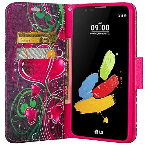 LG K8 | Phoenix 2 | Escape 3 Case, Wallet Case, Wrist Strap [Kickstand] Pu Leather Wallet Case with ID & Credit Card Slots - Heart Strings