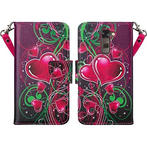 LG K8 | Phoenix 2 | Escape 3 Case, Wallet Case, Wrist Strap [Kickstand] Pu Leather Wallet Case with ID & Credit Card Slots - Heart Strings