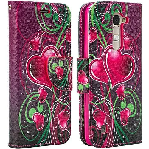 LG K8 | Phoenix 2 | Escape 3 Case, Wallet Case, Wrist Strap [Kickstand] Pu Leather Wallet Case with ID & Credit Card Slots - Heart Strings